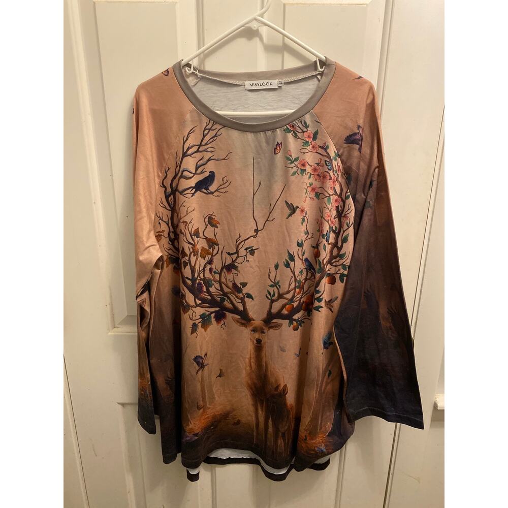 MISSLOOK Deer Antler Tree Graphic Long Sleeve Top Women's Size XL